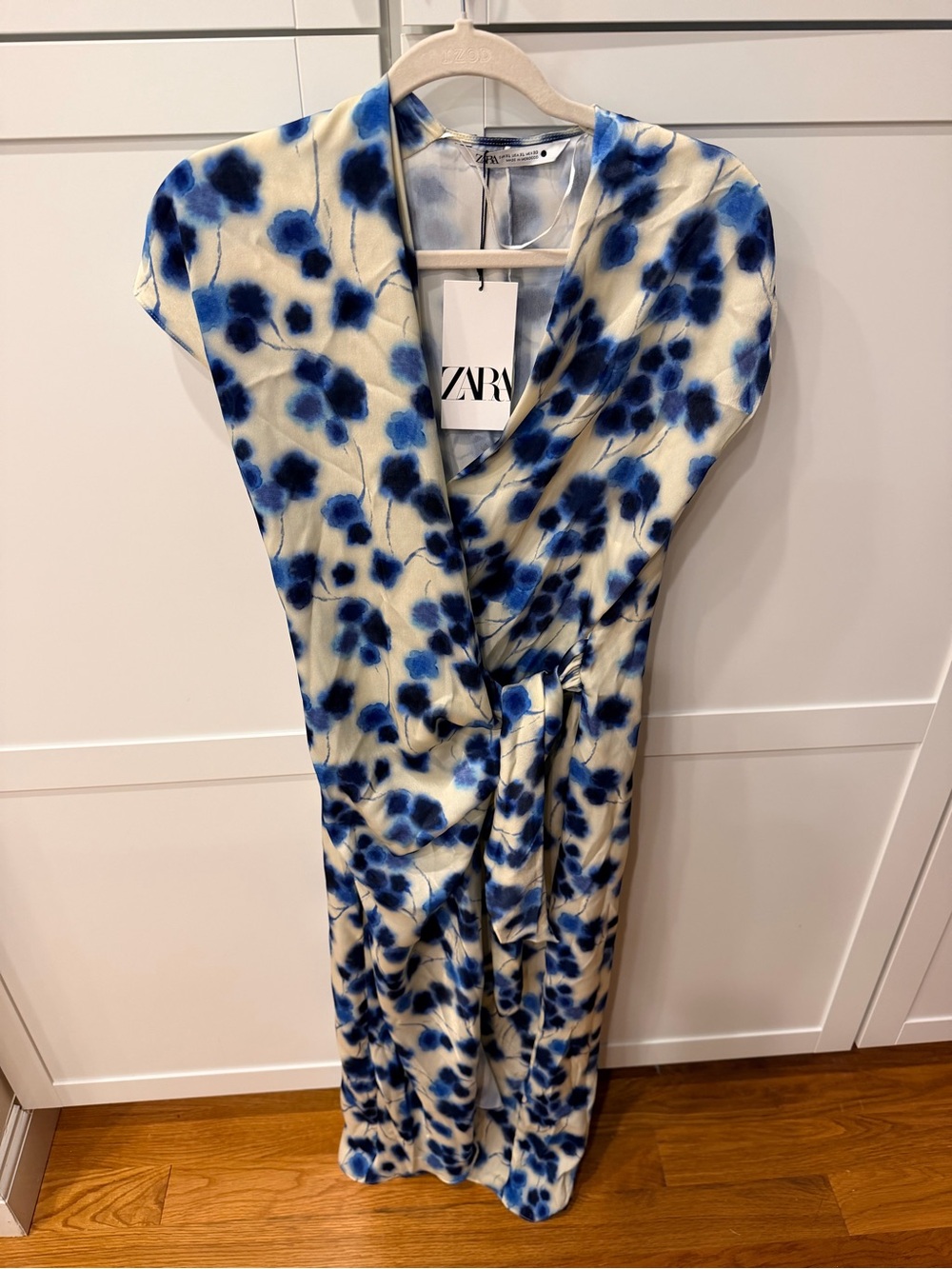 Zara Cream and Blue Floral Wrap Dress